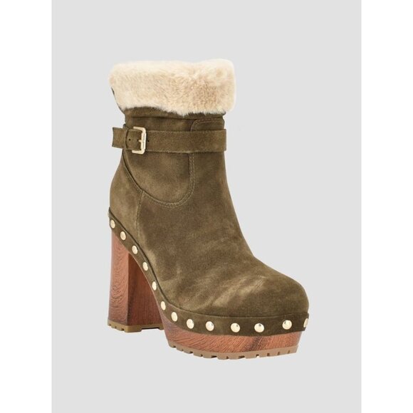 Guess Women’s Leather Green Suede Booties Faux Fur & Studded Block Heel Size 5.5 - Picture 1 of 9